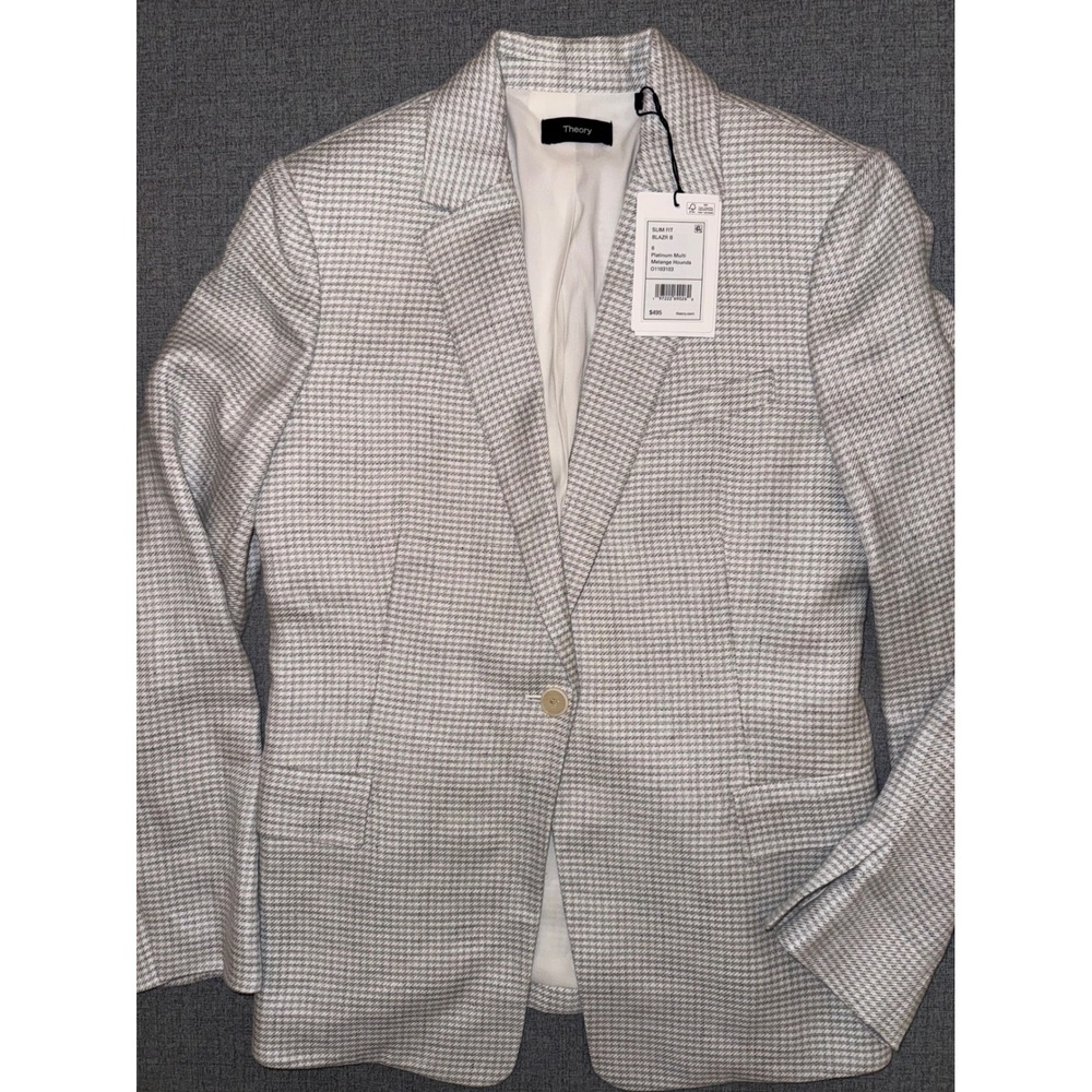 $498 NWT Theory 6 Blazer Platinum Melange Houndstooth Slim Fit Jacket 54% Linen
